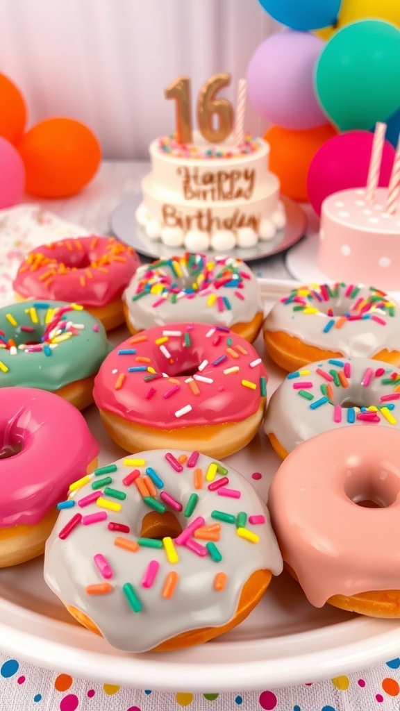 A variety of birthday donuts with colorful glaze and sprinkles on a festive table.